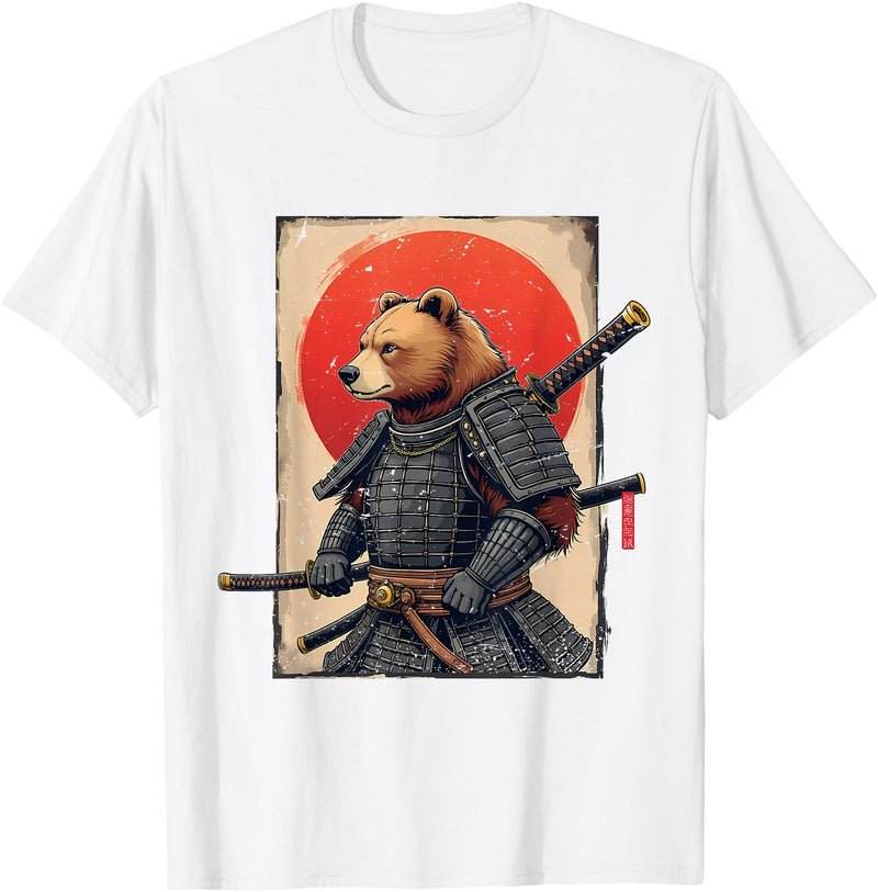 Japanese Samurai Bear Woodblock Art Samurai Brown Bear Ukiyo-e Ink Warrior Art Japanese Bear Art T-Shirt - White