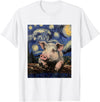 Cute Pigs Designs. Cute Pig Funny Van Gogh Style Starry Night Graphic T-Shirt - White