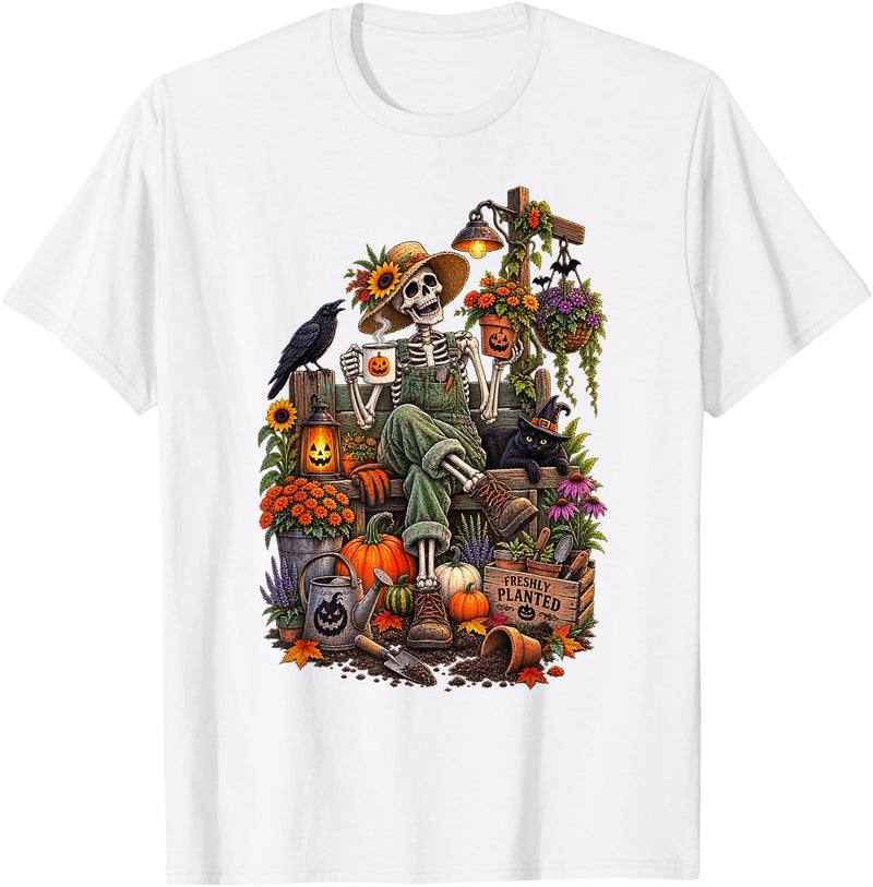 Halloween Gardening Lover Apparel & Gifts Outlet Freshly Planted Skeleton Gardener Halloween T-Shirt - White