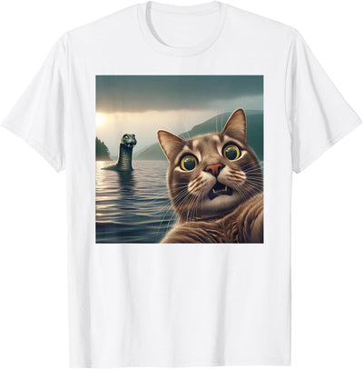 Cat Selfie Loch Ness Monster Surprised Cat Selfie with Loch Ness Monster Nessie funny T-Shirt