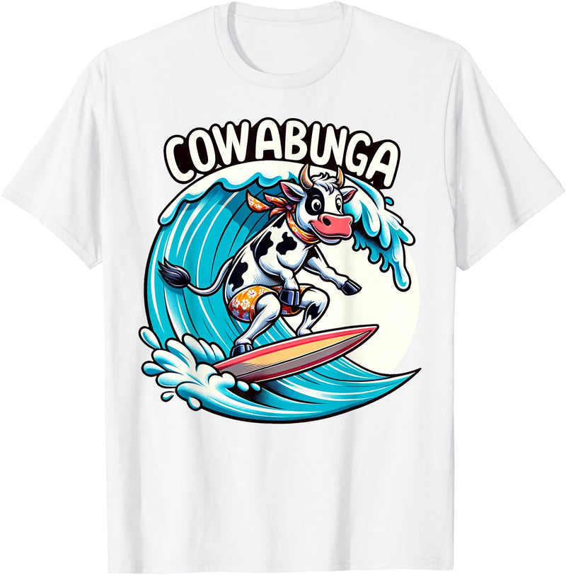 Funny Surfing Shirts for Surfers Cowabunga Beach Surfing Cow Surfingboard Surfboard T-Shirt - White