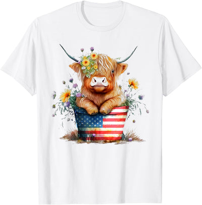 Girls Highland Cow 4th of July America Flag Patriotic Cow T-Shirt