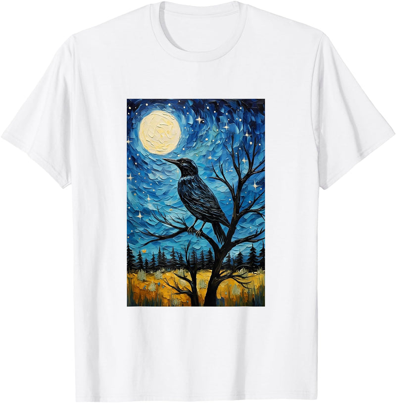 Bird Designs. Magpie Crow Raven Bird Van Gogh Style Starry Night Graphic T-Shirt - White