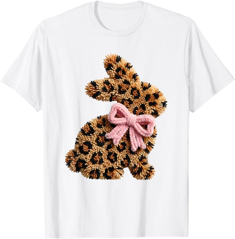 Funny Bunny Leopard Crochet Rabbit Easter Day Coquette Bow T-Shirt in White