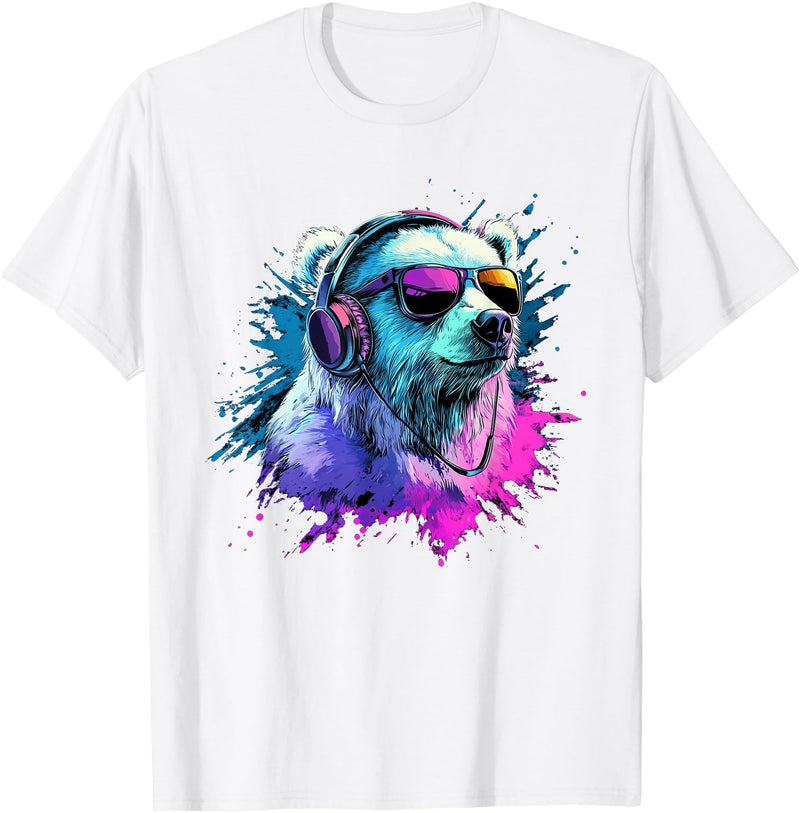 Colorful Artistic Polar Bear Animal Motifs Polar Bear Colorful Music Headphones Artistic Polar Bears T-Shirt - White