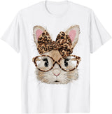 Cute Bunny Rabbit Face Leopard Coquette Bow Glasses Easter T-Shirt in White