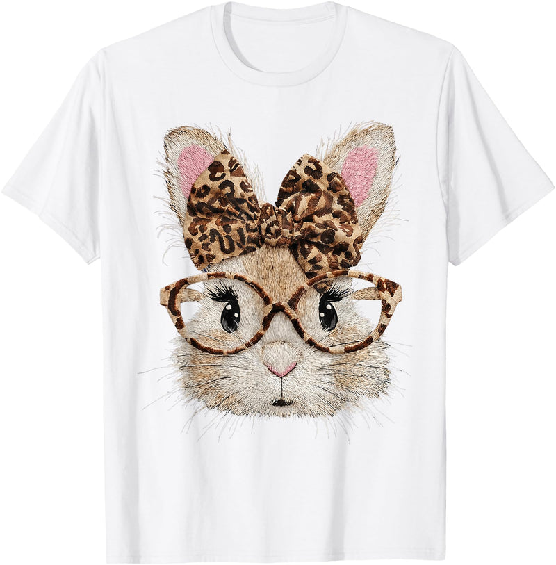 Cute Bunny Rabbit Face Leopard Coquette Bow Glasses Easter T-Shirt in White