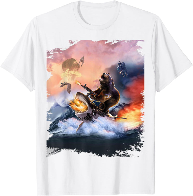 Random Galaxy Bear Riding Shark Funny T-Shirt - White
