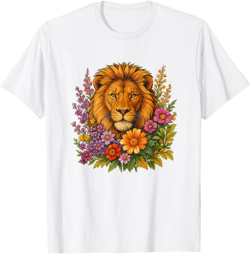 Cute and Funny Lions Graphic Designs. Lion Flower Floral Cute Men Women Kids T-Shirt - White
