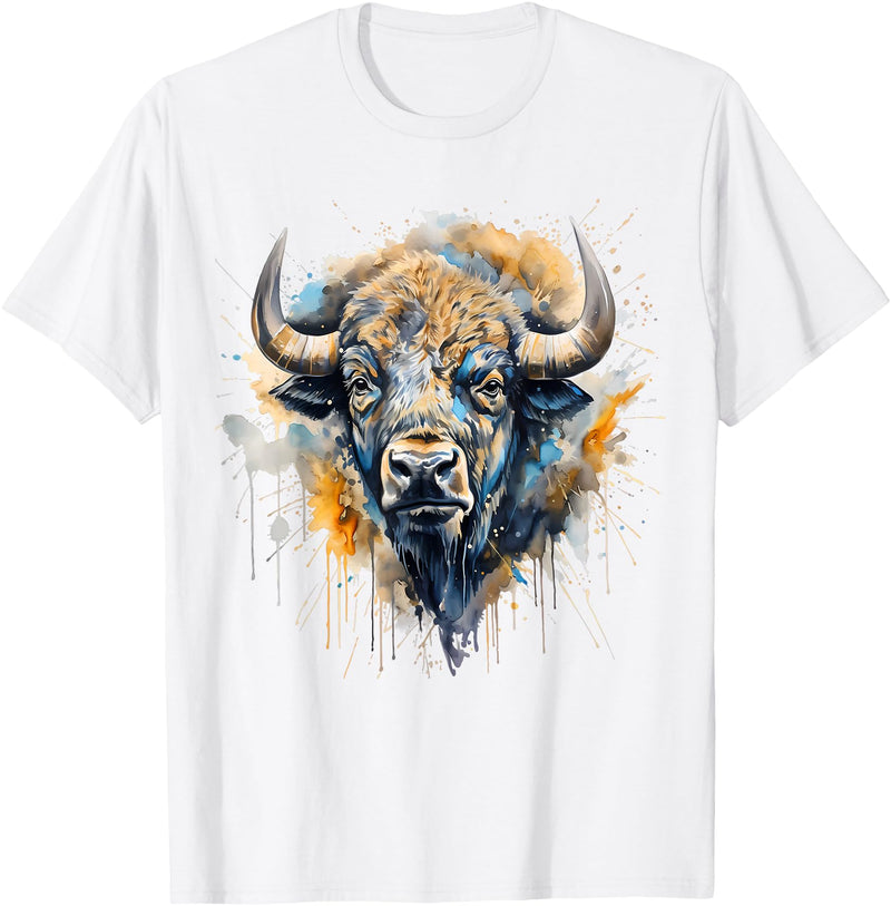 Safari Animal Art Buffalo Portrait Colorful Splash Artwork Wildlife Bison T-Shirt - White