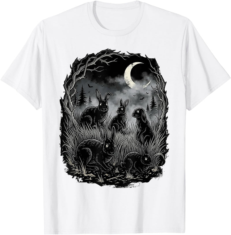 Midnight Woodland Rabbit Art Apparel Graphic Tees Creepy Black Rabbits Moonlit Forest Gothic Horror Halloween T-Shirt - White