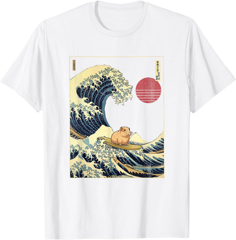 AxisNagawa Guinea Pig Kanagawa Wave Funny Surf Animal T-Shirt - White