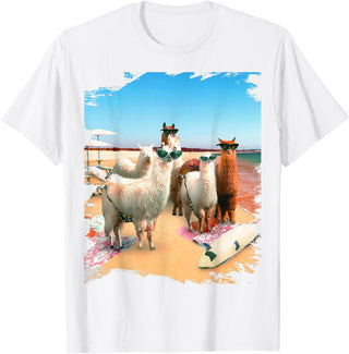 Random Galaxy Funny Llama Beach T-Shirt for Men Women Kids - White