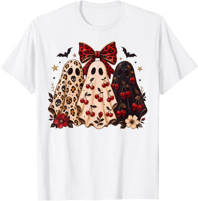 Skeleton Pumpkin Halloween For Women Girls Cute Coquette Ghost Leopard Bow Cherry Halloween Women Girls T-Shirt