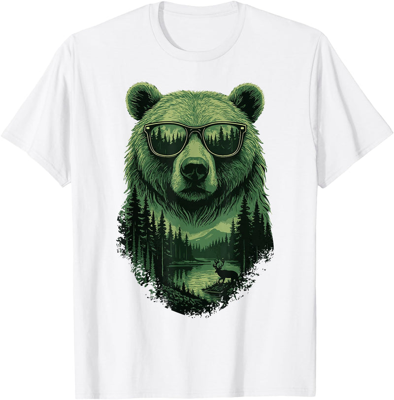 Bear Wildlife Deer Campfire Nature Apparel Bear Sunglasses Wildlife Deer Campfire Nature Vintage Forest T-Shirt - White
