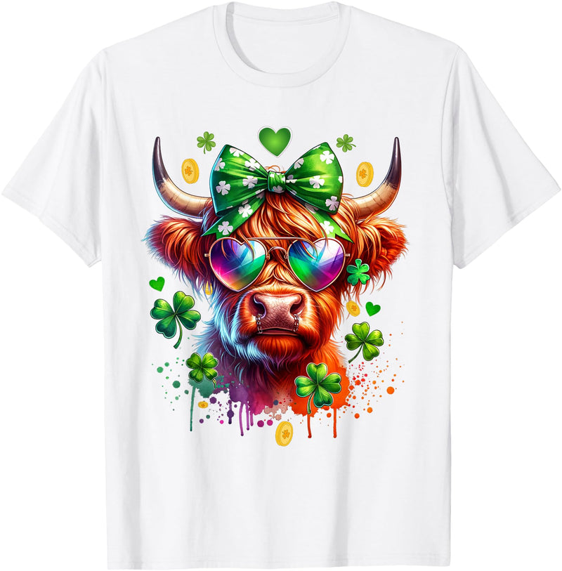 Funny St Paddy Highland Cow St Patricks Day Outfit Cute Highland Cow With Sunglasses St Patricks Day Funny T-Shirt - White
