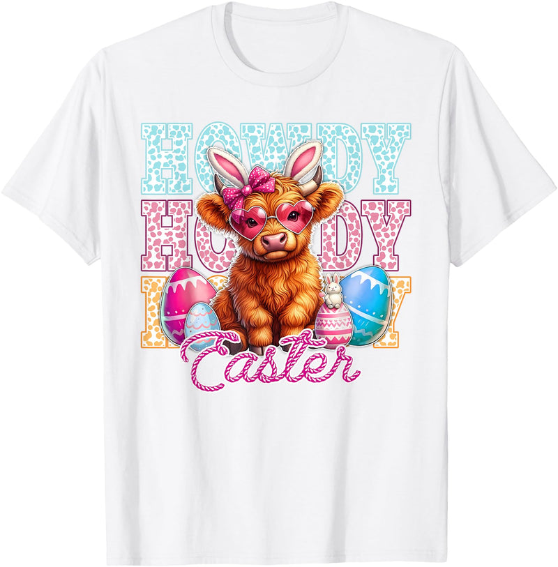 Highland Cow Easter Cute Western Farm Apparel Howdy Easter Cute Highland Cow Bunny Ears Western Easter T-Shirt - White