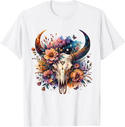 Cute Floral Western Wild Floral Cowgirl Cow Skull Boho T-Shirt