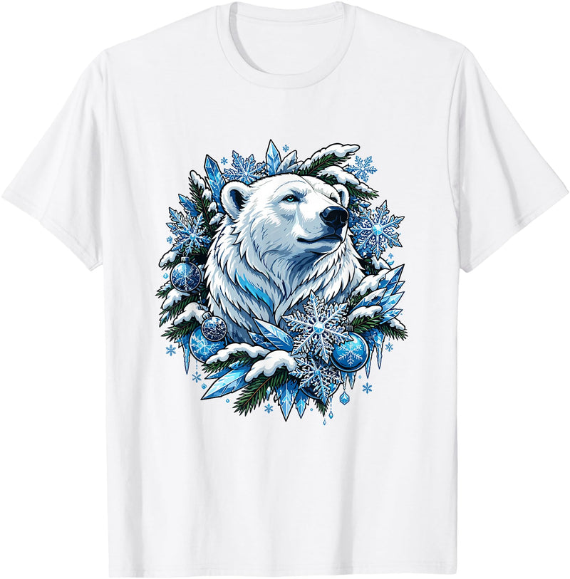 Arctic Polar Bear Winter Snowflakes Christmas Polar Bear Wreath Ice Crystals T-Shirt - White