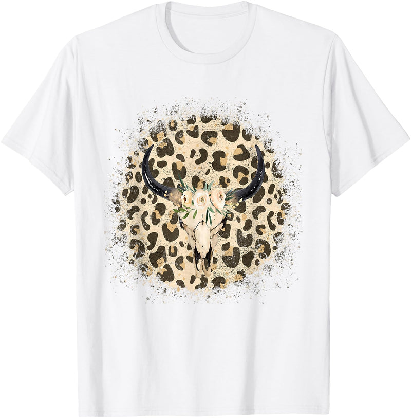 Funny Leopard Cow Skull designs Funny Leopard Cow Skull print Flower Rustic Turquoise T-Shirt - White