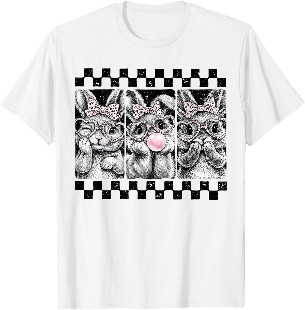 Leopard Bow Bunny Blowing Bubble Checkered Easter Day Girls T-Shirt in White