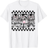 Leopard Bow Bunny Blowing Bubble Checkered Easter Day Girls T-Shirt in White