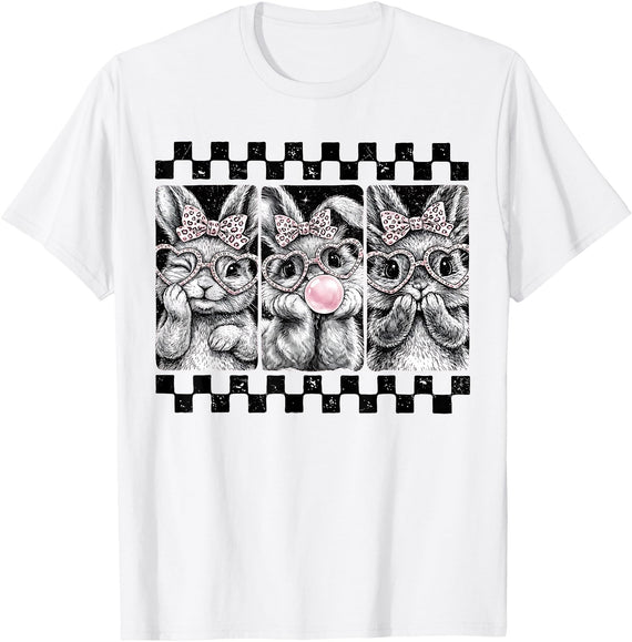Leopard Bow Bunny Blowing Bubble Checkered Easter Day Girls T-Shirt in White