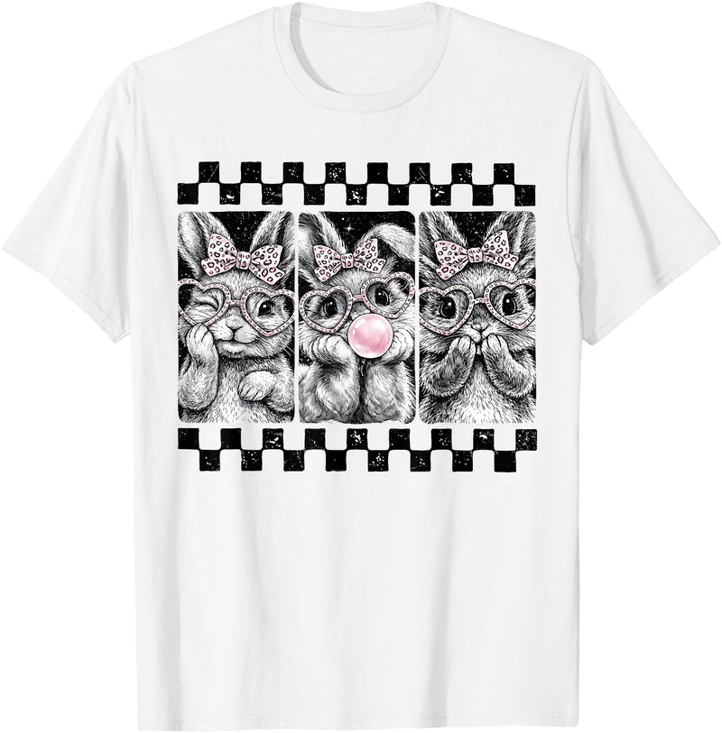 Leopard Bow Bunny Blowing Bubble Checkered Easter Day Girls T-Shirt in White
