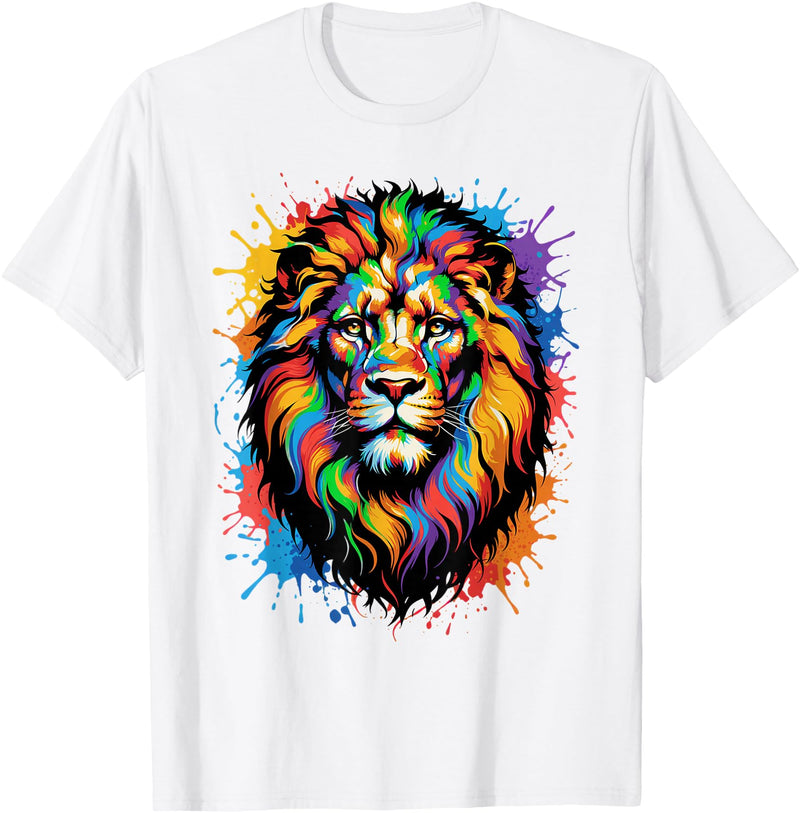 Colorful Lion Wildlife Lover Colorful Lion Face Paint Splash Art T-Shirt - White