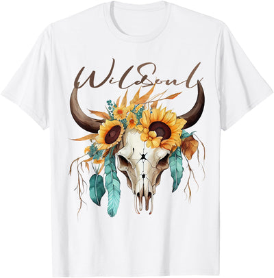 Wild Soul Boho Cow Skull Sunflowers Mothers Day Sunflower T-Shirt