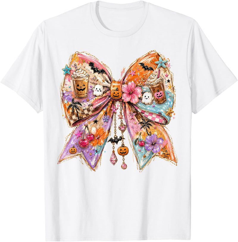 Summerween Tees NYC Summerween Bow Coquette Summer Halloween Ghosts Beach Coffee T-Shirt - White
