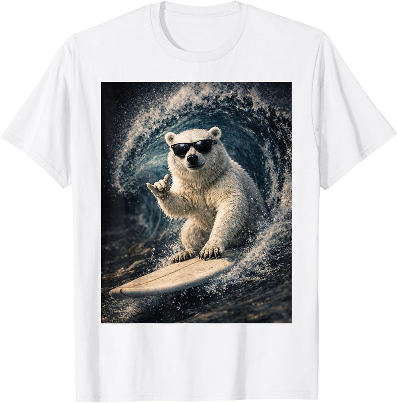 White Bear Surfing Waves Funny Animal Apparel Funny Polar Bear Surfer Catching Waves | Shaka Funny Animal T-Shirt - White