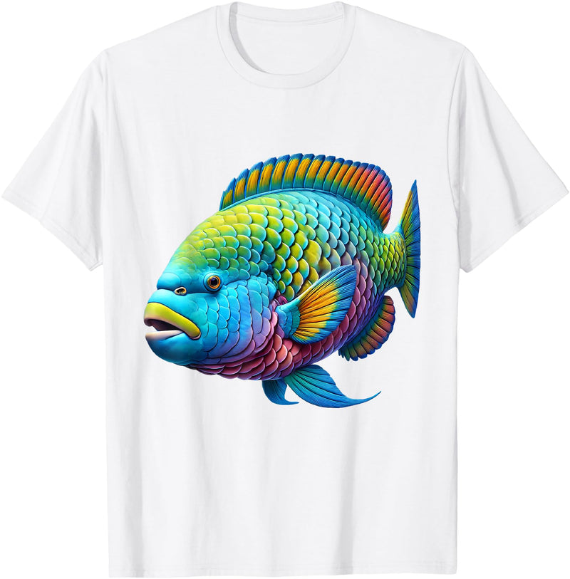 Parrotfish Lover Gifts and Apparel Multicolor Parrot Tropical Fishing T-Shirt, Unisex-Adults, Short Sleeve, T-Shirt, Small - White