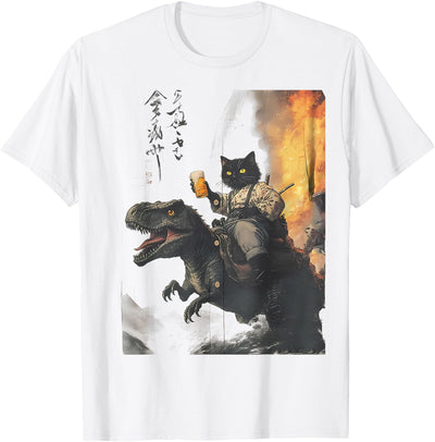 black cat samurai dinosaur wave short sleeve shirt Black cat Samurai Dinosaur sea Wave Print T-Shirt