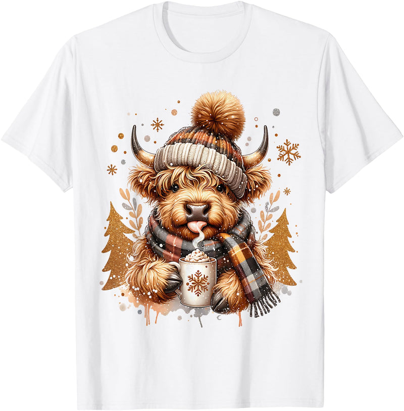 Highland Cow Land of NYC Cute Highland Cow Christmas Trees Winter Hot Cocoa Chocolate T-Shirt - White