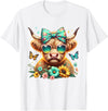 Highland Cow Land of NYC Highland Cow Mama Floral Bow Glasses Butterfly Orange Teal T-Shirt - White