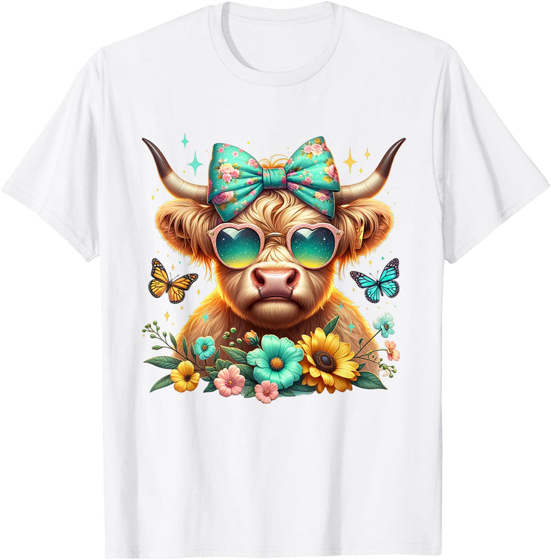 Highland Cow Land of NYC Highland Cow Mama Floral Bow Glasses Butterfly Orange Teal T-Shirt - White
