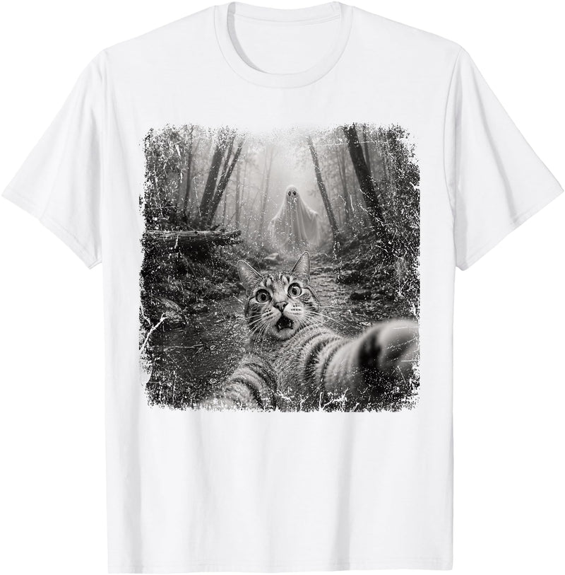Halloween Ghost Cat Selfie Forest Lat Halloween Ghost Cat Forest Selfie Scared Men Women Kid T-Shirt - White