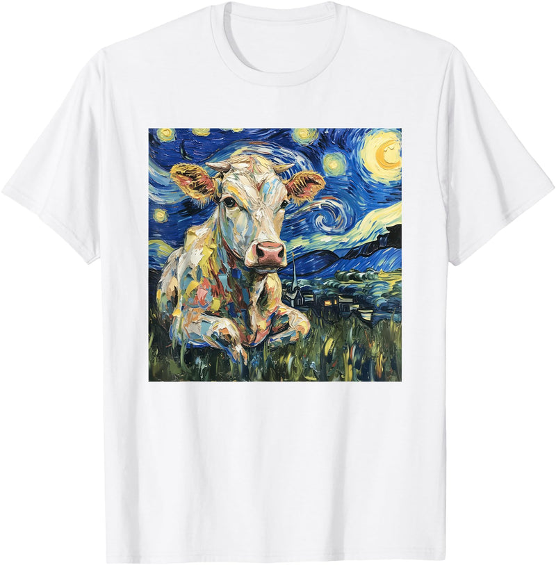 Cow Lover Co. Cow Van Gogh Style Starry Night T-Shirt - White