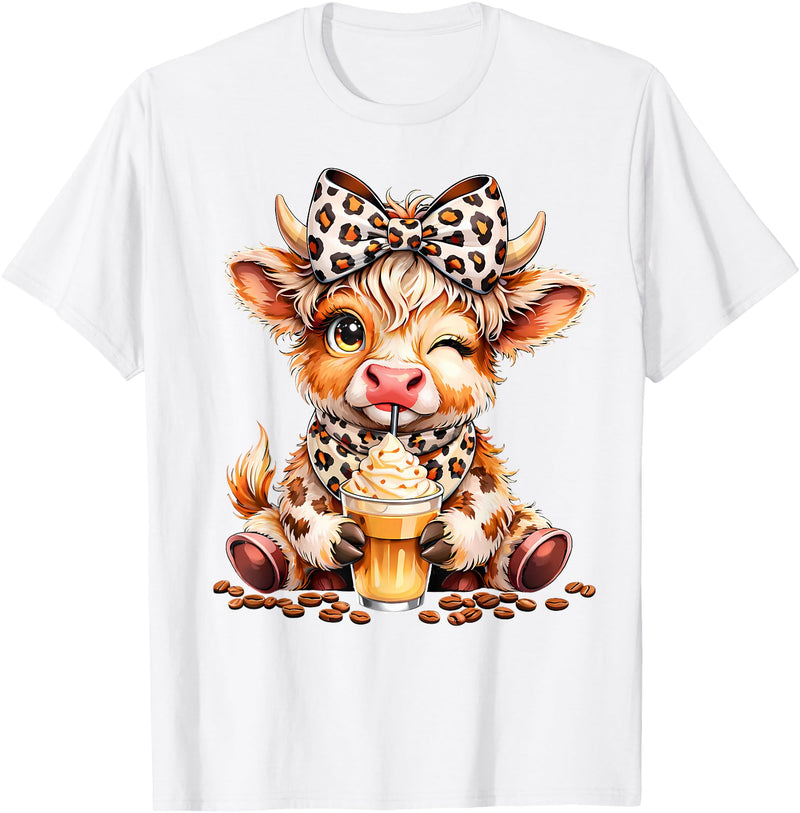 Cute Highland Cow Coffee Addict Leopard Bow Highland Cow Coffee Addict Funny Drink Coffee T-Shirt - White