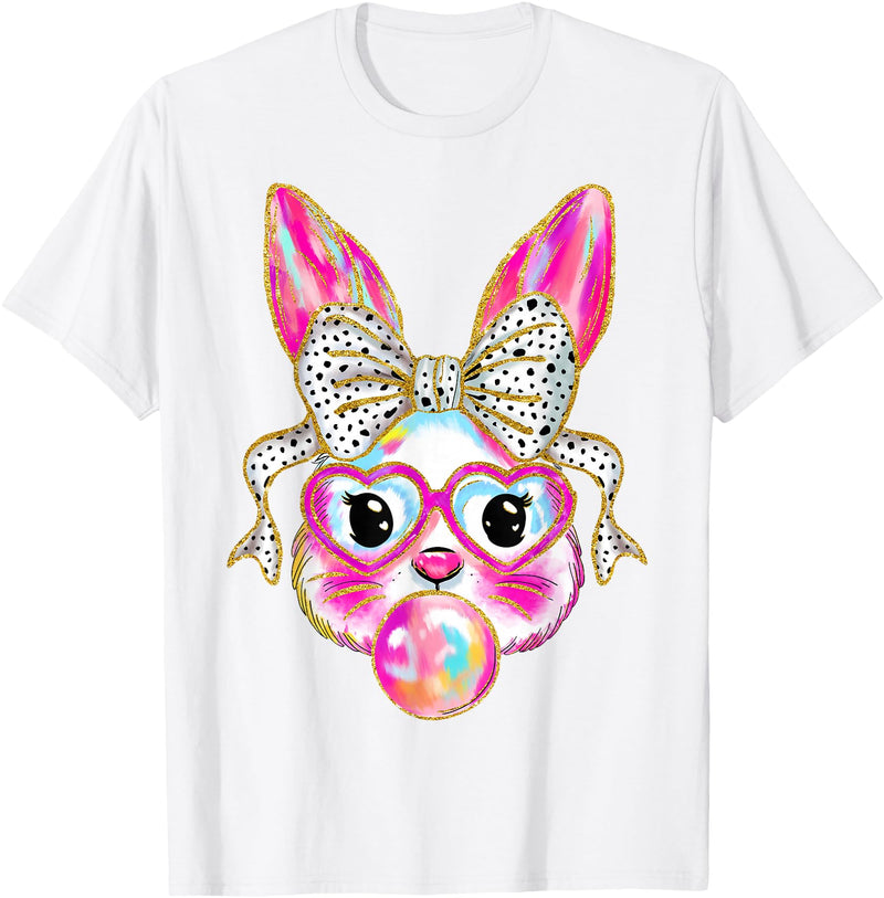 Cute Easter Bunny Bubble Gum Coquette Bow for Girls Women T-Shirt in White