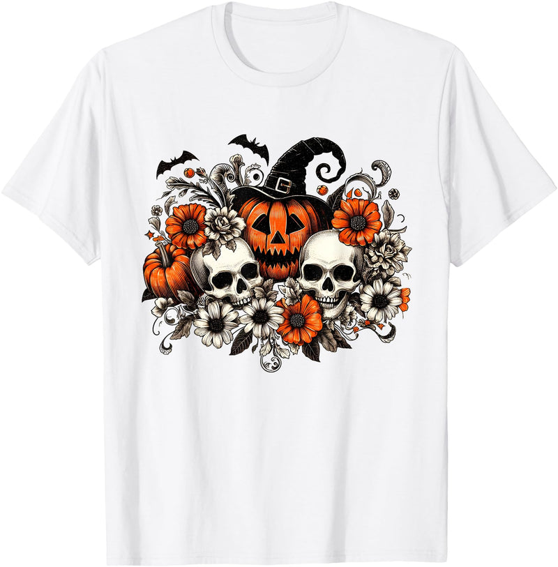Scary Halloween Skull Pumpkin Halloween Vintage Skull Pumpkin Flowers T-Shirt - White