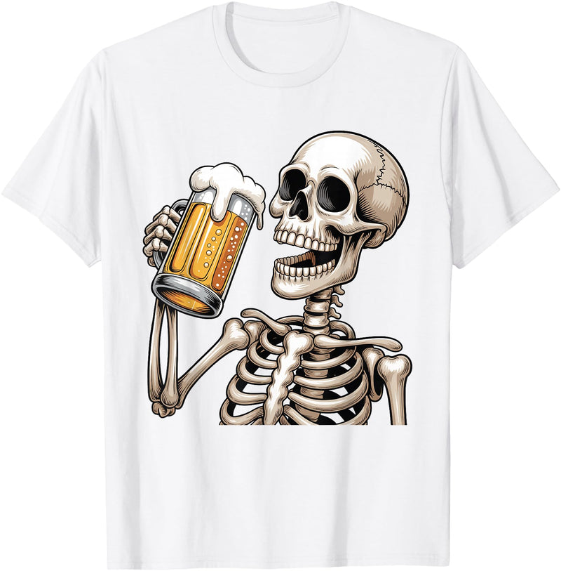 Halloween Skull Skeleton Drinking Beer Funny Kids Skeleton Drinking Beer Halloween Spooky Season Mens Womens T-Shirt - White