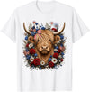 Funny July 4th Highland Cow Farm Lovers Highland Cow Florals 4th of July USA Flag Patriotic Women T-Shirt - White