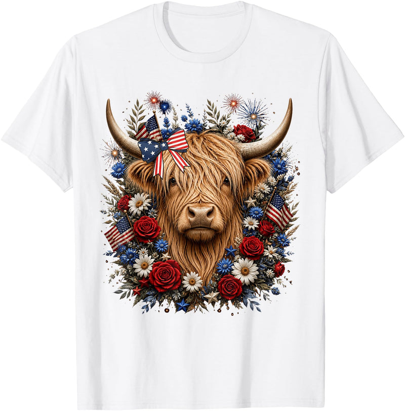 Funny July 4th Highland Cow Farm Lovers Highland Cow Florals 4th of July USA Flag Patriotic Women T-Shirt - White