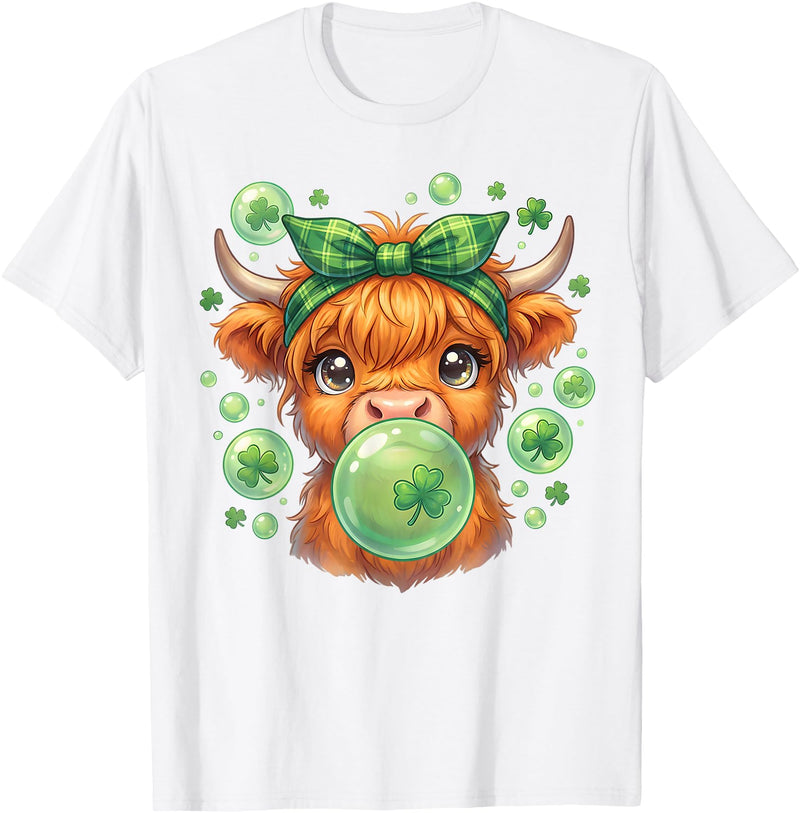 St. Patricks Day Highland Cow Blowing Bubblegum Celebrate St Patricks Day T-Shirt - White