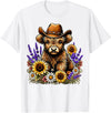 Funny Scottish Highland Cow Highland Cow Cowboy Hat Sunflower Wildflower Country Western T-Shirt - White