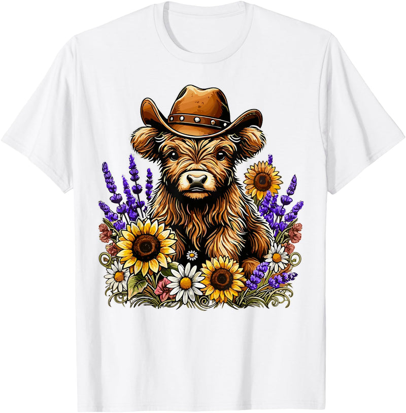Funny Scottish Highland Cow Highland Cow Cowboy Hat Sunflower Wildflower Country Western T-Shirt - White