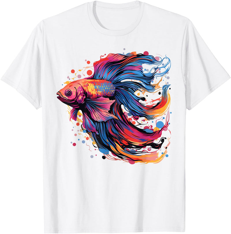 Betta Fighting Fish Splash Art Colorful Betta Fish Lover Splash Art Siamese Fighting Fish T-Shirt - White