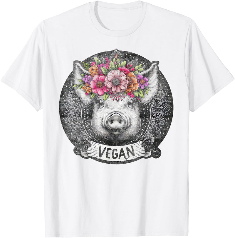 Pig with Flowers Vegan Retro Products Pig with Flowers Vegan Retro – Boho Hippie Cute T-Shirt - White